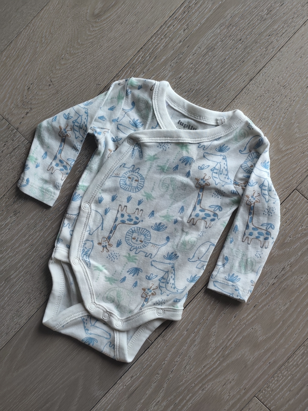 Lupilu Baby Long-Sleeve Wrap Bodysuit with Safari Animal Print 3M Organic Cotton